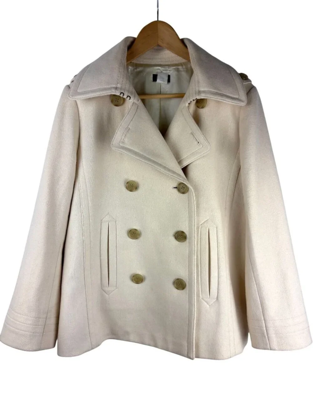 J. Crew Double-Breasted Satin Lined Cream Wool Peacoat Women's Size 8 - Picture 3 of 11
